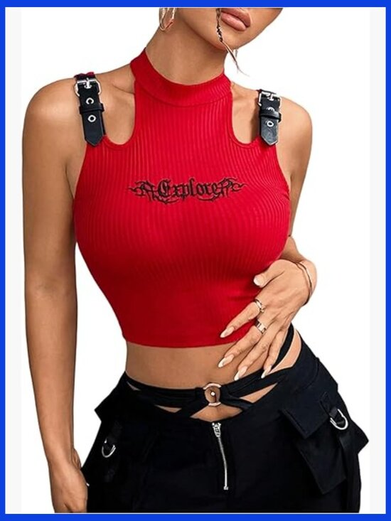 Tops - Y2K Buckle Strap Crop Tank Letter Print Sleeveless Ribbed Knit Clubwear Top